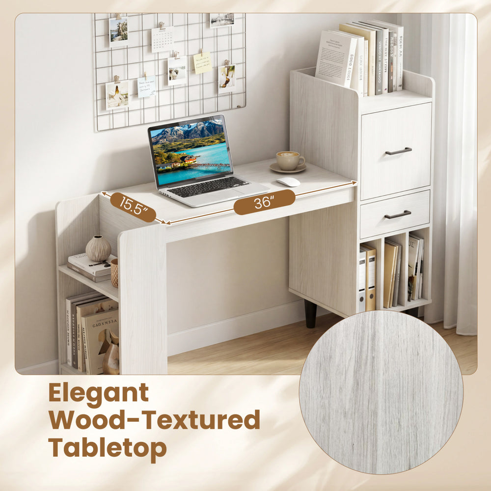 Home office desk with a 36" wood-textured tabletop, side storage shelves, and drawer cabinets in white for organized workspace.