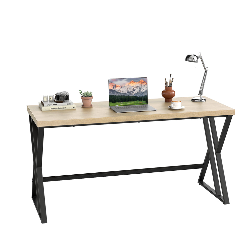59-inch computer desk with a gray finish, heavy-duty metal frame, and crossbar, ideal for office or dining room use.
