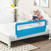 Folding 59-inch blue baby bed rail guard with breathable mesh, providing safety for toddlers on a queen-sized mattress.