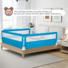 Folding 59-inch blue baby bed rail guard with breathable mesh, designed for safety and easy installation on queen beds.