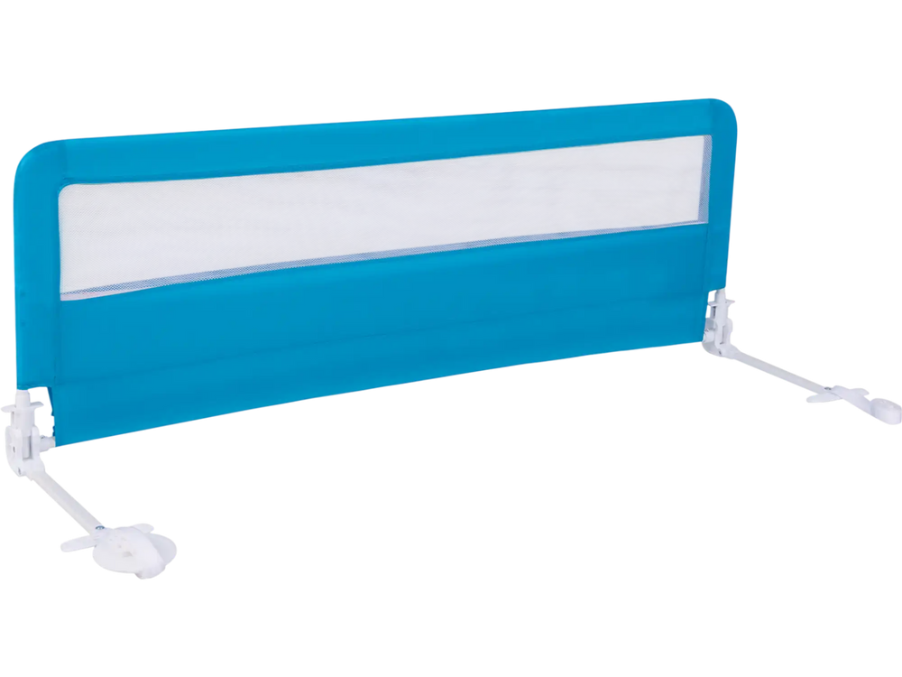 Blue 59-inch folding baby bed rail guard with breathable mesh, designed for safety and easy installation on queen.