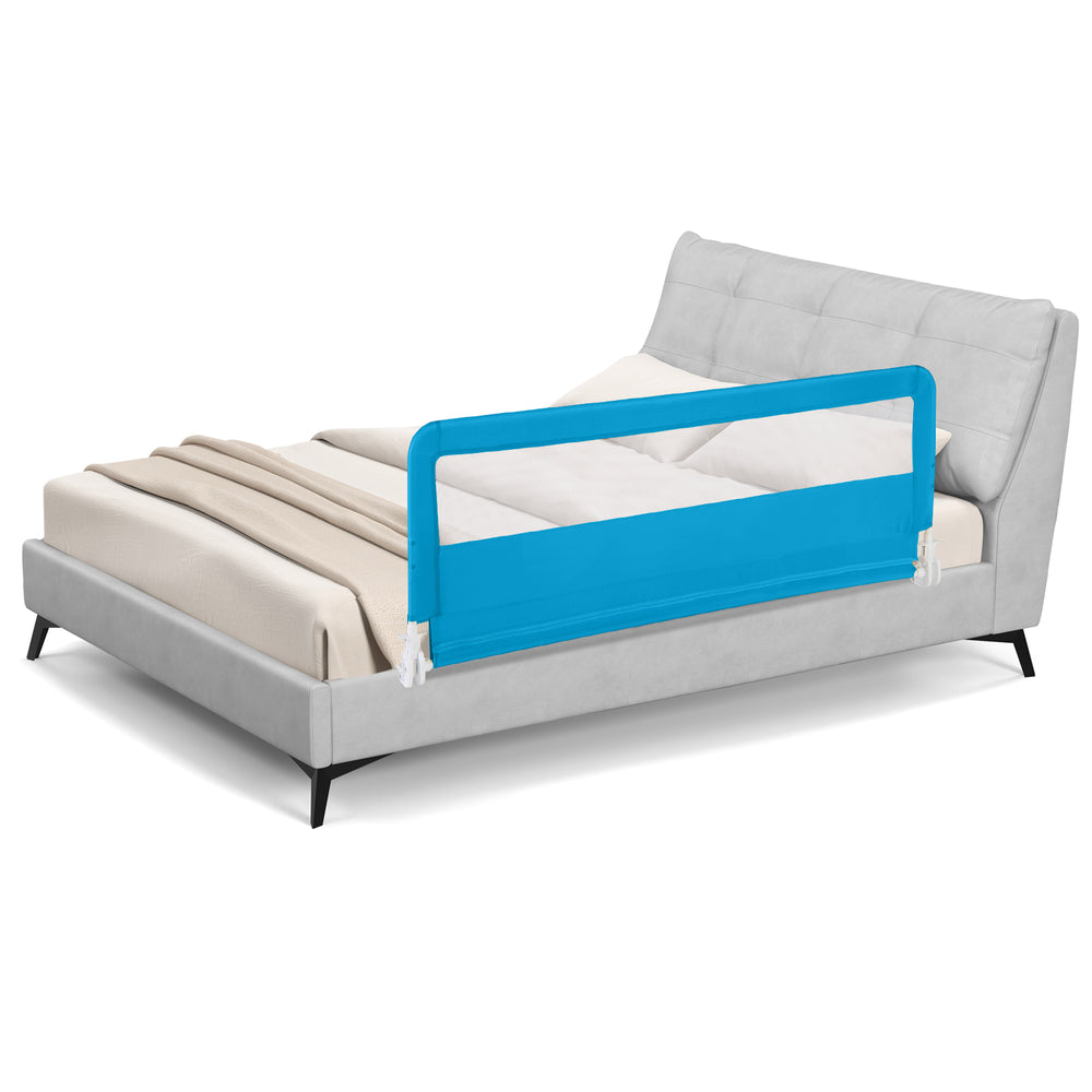 Folding 59-inch baby bed rail guard in blue, featuring breathable mesh and sturdy steel construction for safety.