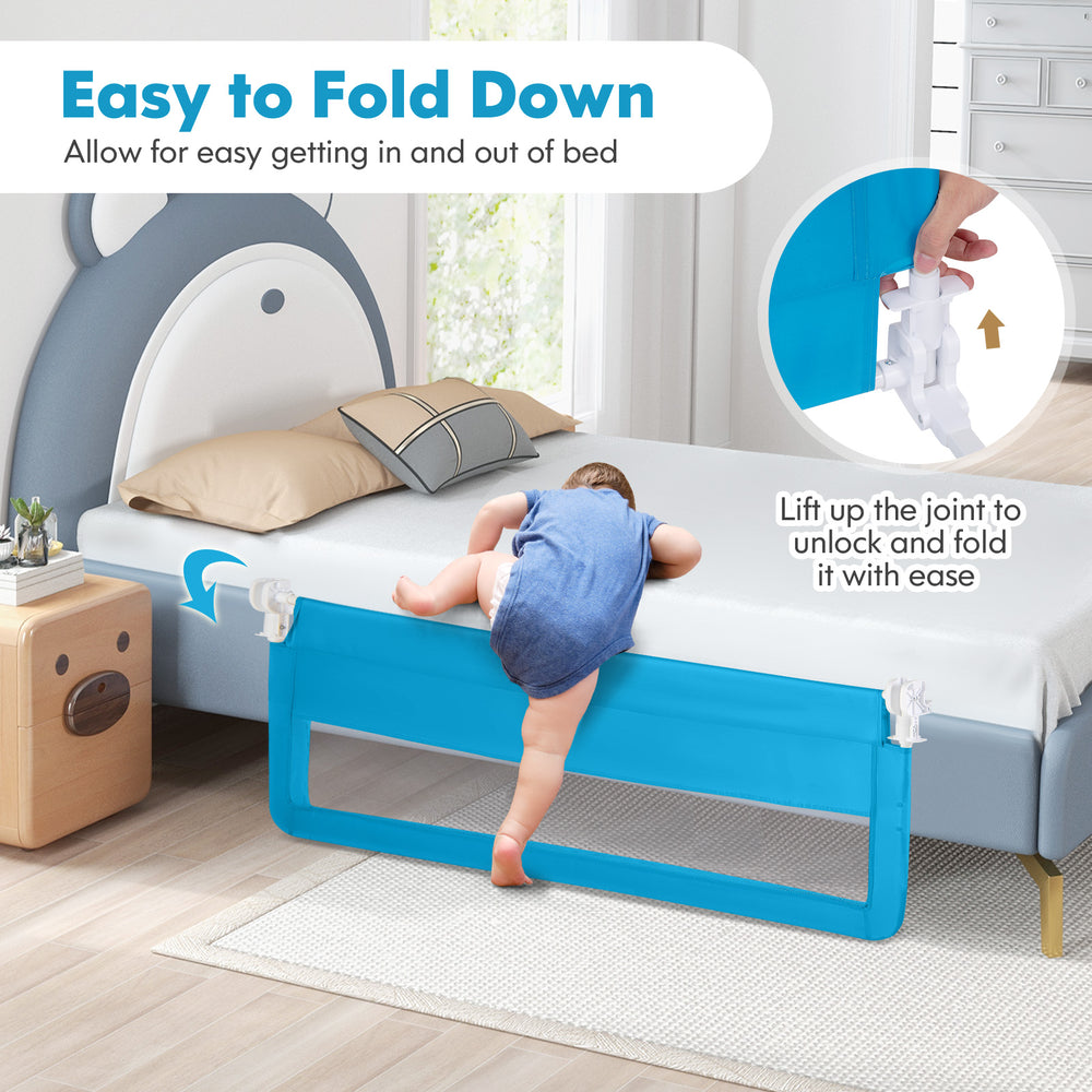 Folding blue baby bed rail guard with breathable mesh, 59" long, easily swings down for safe bed access.
