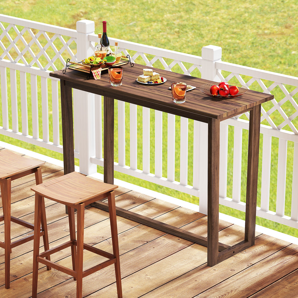 Outdoor bar table made of premium teak wood, featuring a slatted top, ideal for patio gatherings and bar chairs.