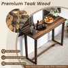 Outdoor bar table made of premium teak wood with slatted top, ideal for patio gatherings and bar chairs.