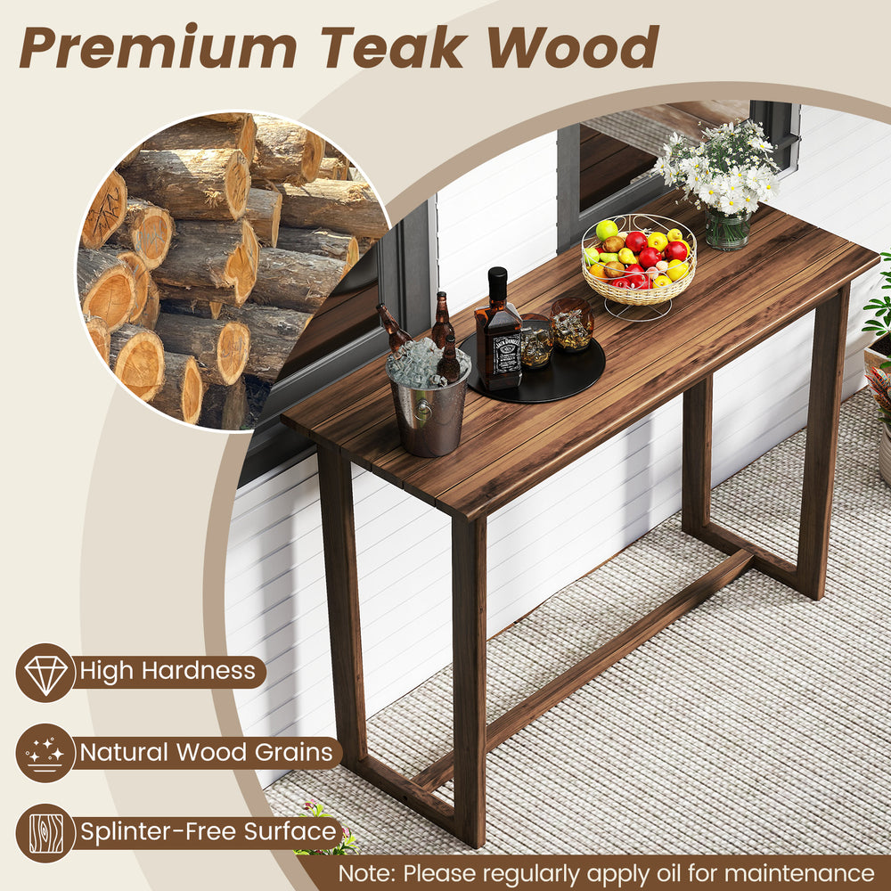 Outdoor bar table made of premium teak wood with slatted top, ideal for patio gatherings and bar chairs.