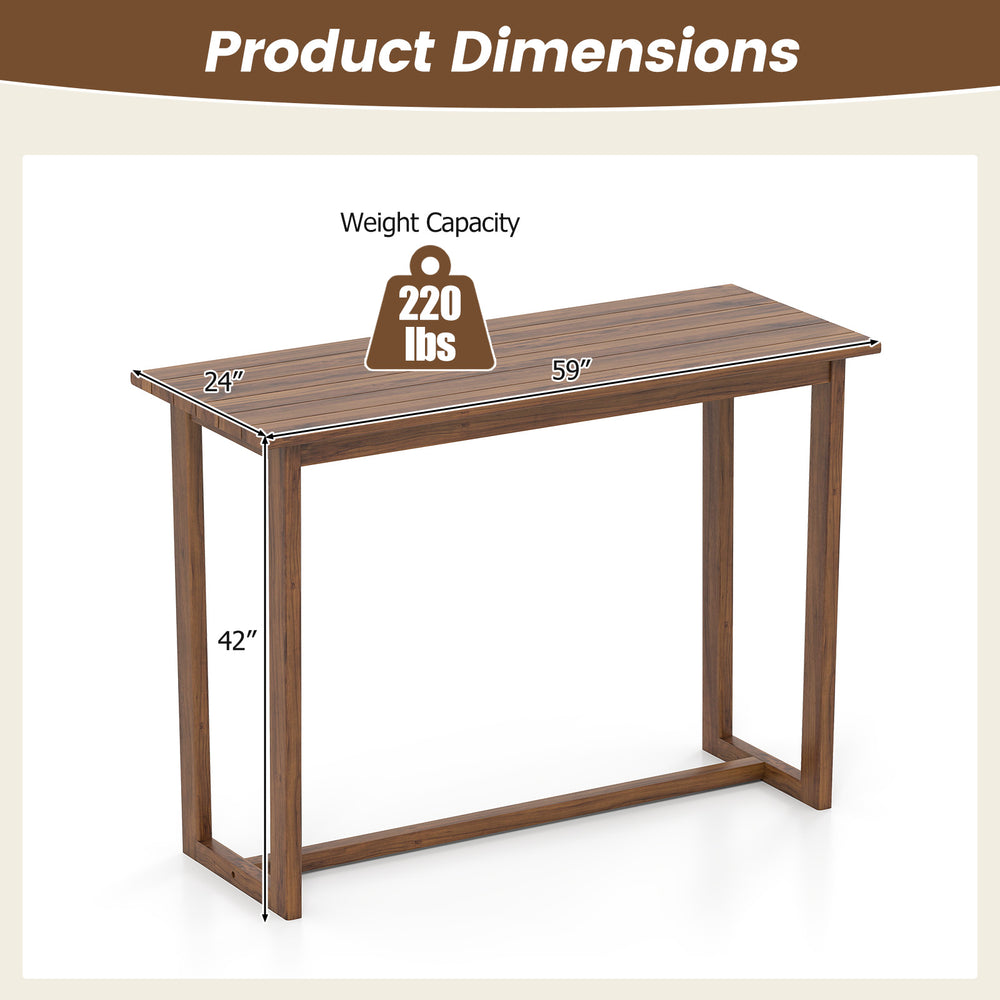 59-inch outdoor bar table with slatted top, made of teak wood, ideal for patio gatherings, weight capacity 220 lbs.