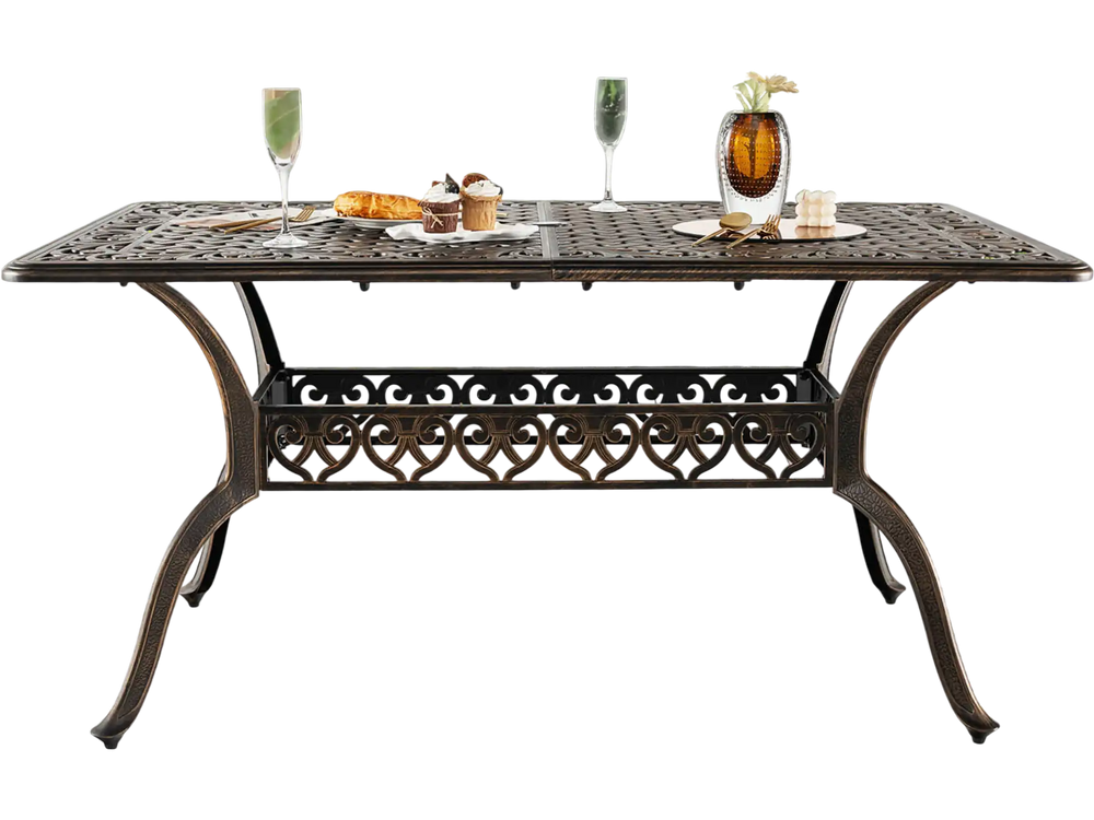 Rectangular 59" aluminum patio dining table in bronze for 6-8 persons, featuring an umbrella hole and elegant design.