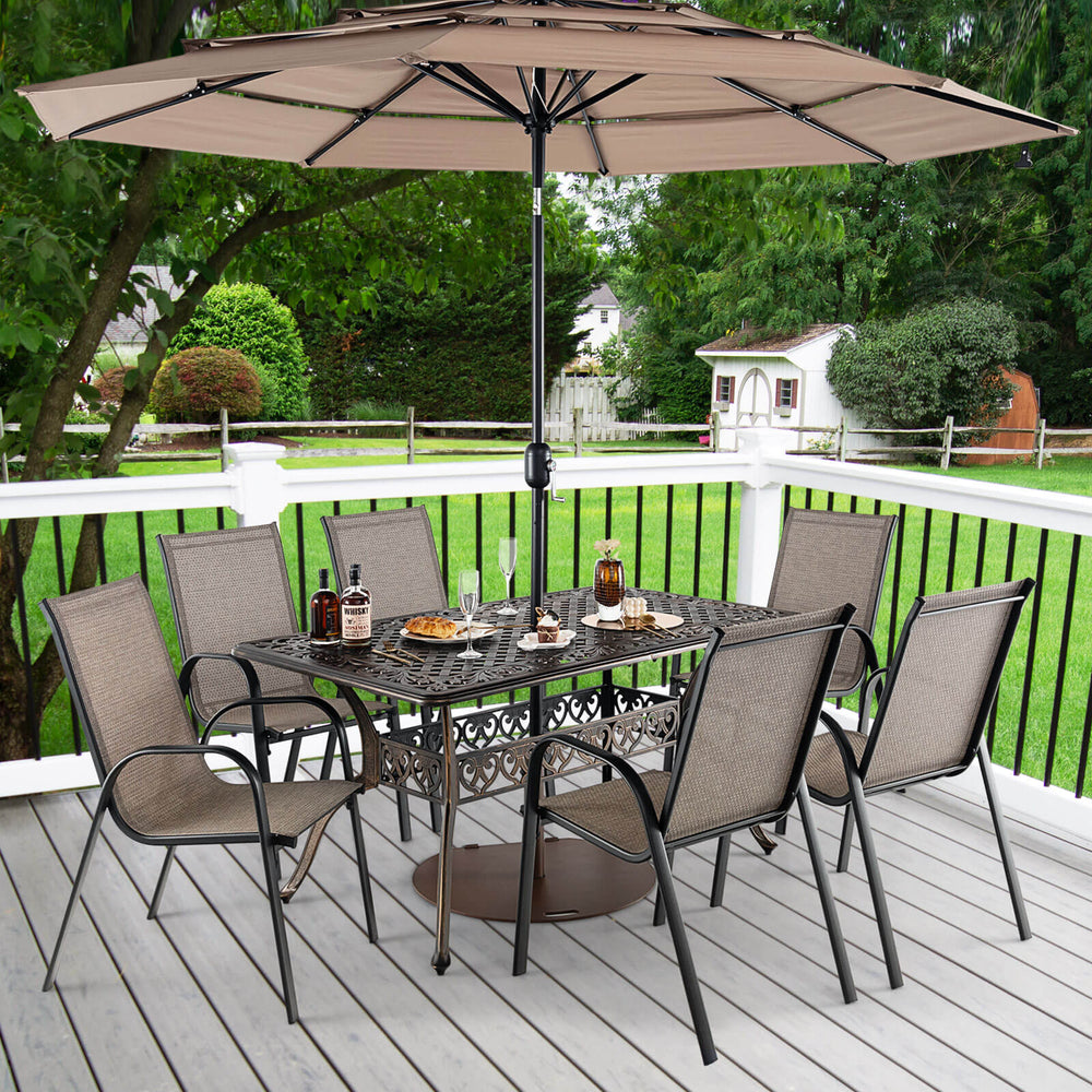 Rectangular 59" bronze aluminum patio dining table with umbrella hole, seating 6-8, perfect for outdoor gatherings.