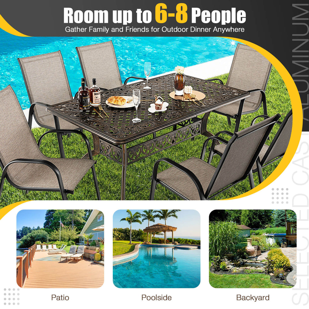 59-inch bronze aluminum patio dining table for 6-8 people, featuring an umbrella hole, ideal for outdoor gatherings.