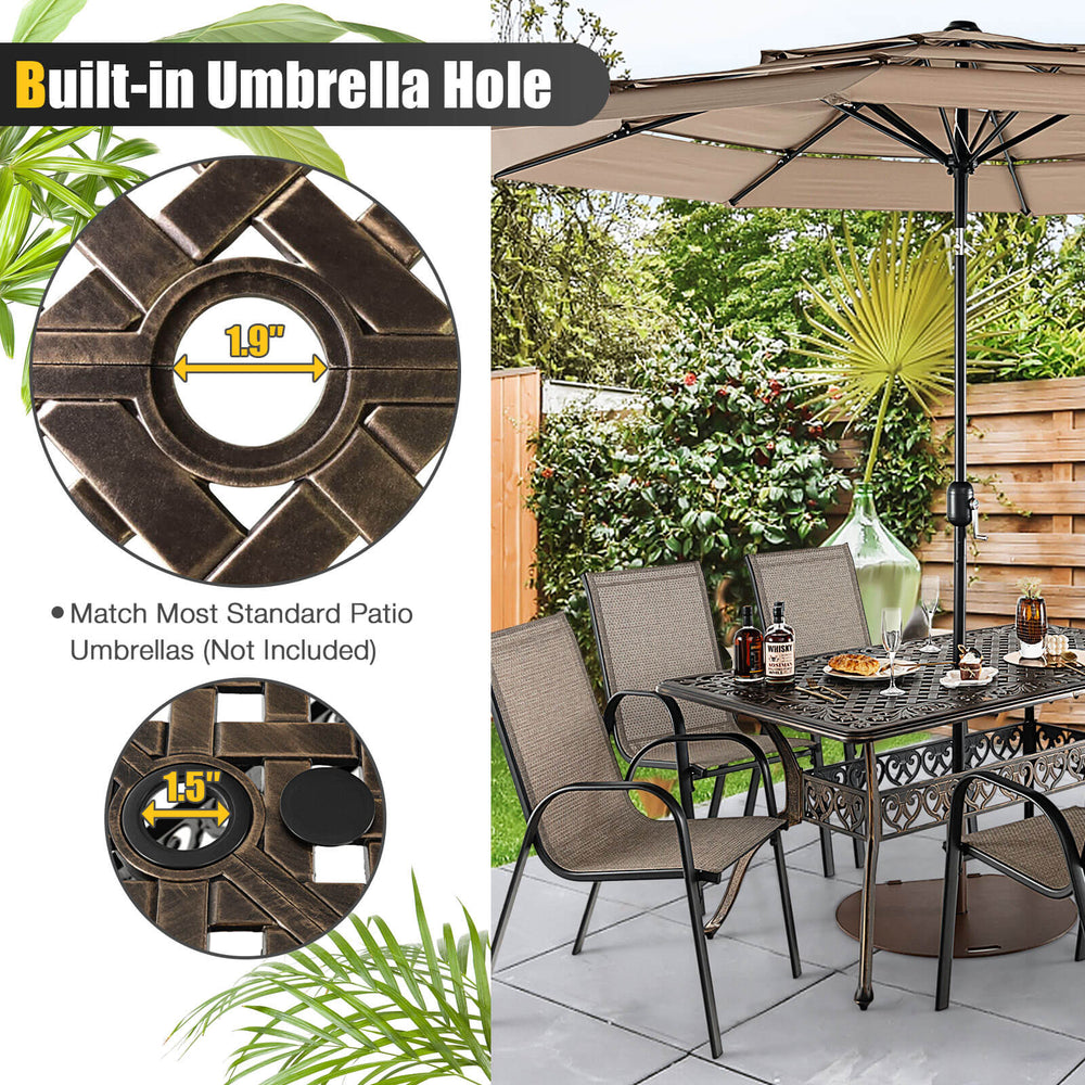 Close-up of the 1.5"/1.9" umbrella hole on a 59" aluminum patio dining table, designed for outdoor use.