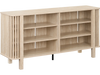 Natural 59-inch TV stand with adjustable shelves and slatted design, perfect for living rooms and entertainment centers.