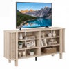 59-inch TV stand with adjustable shelves, faux wood grains, and slatted design, perfect for living rooms and.