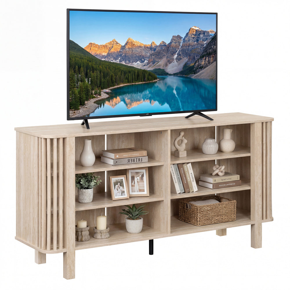 59-inch TV stand with adjustable shelves, faux wood grains, and slatted design, perfect for living rooms and.
