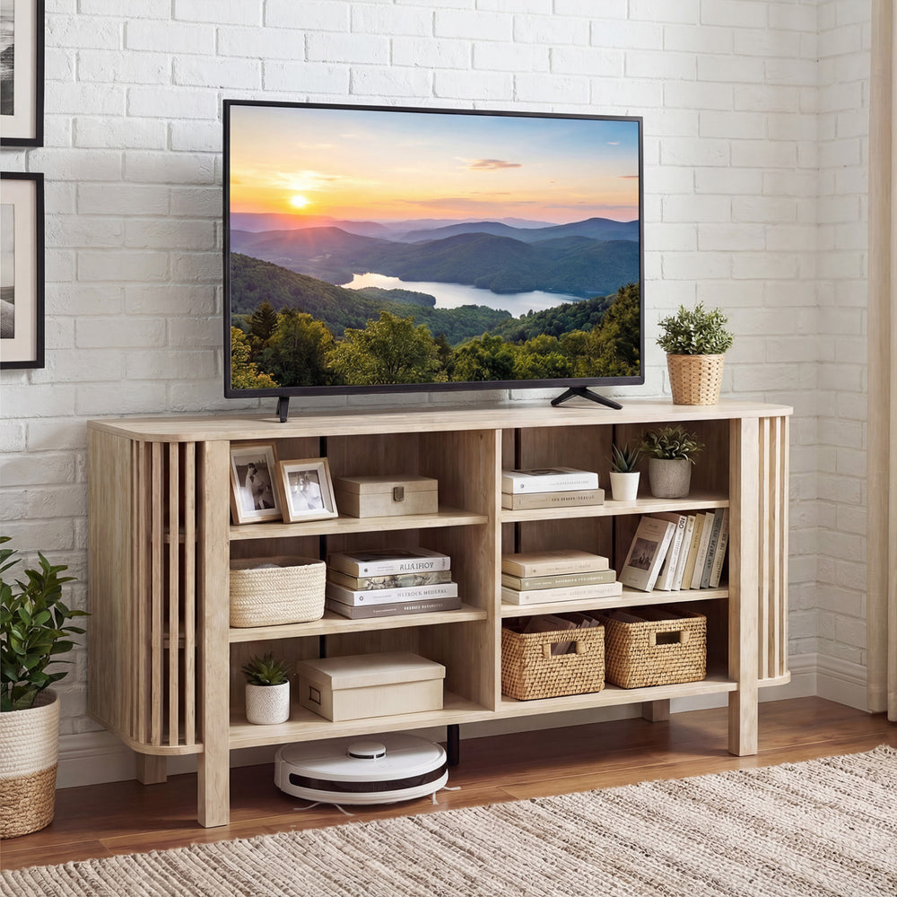 Natural 59-inch TV stand featuring a slatted design, adjustable shelves, and anti-toppling support, ideal for versatile.