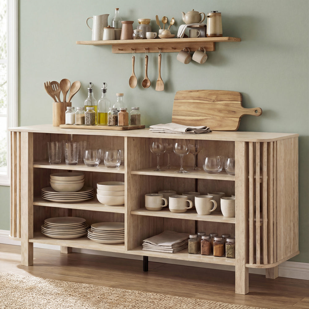 Natural 59-inch TV stand with adjustable shelves, slatted design, and elevated legs, perfect for living rooms or dining.