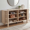 Natural 59-inch TV stand with adjustable shelves, slatted design, and 6-inch elevated legs for versatile placement.