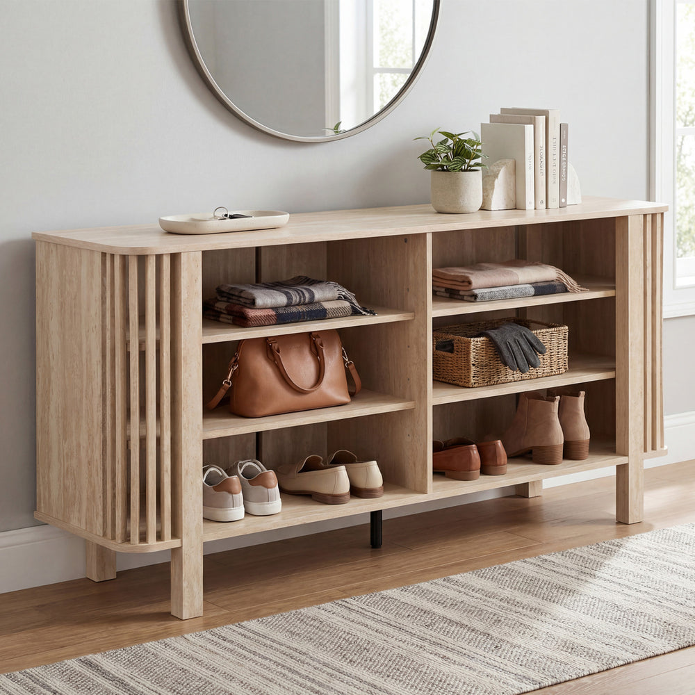 Natural 59-inch TV stand with adjustable shelves, slatted design, and 6-inch elevated legs for versatile placement.