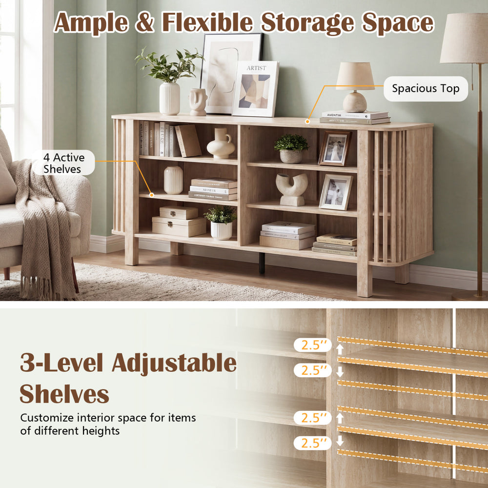 59-inch TV stand with adjustable shelves, natural faux wood finish, ideal for living rooms and versatile storage.