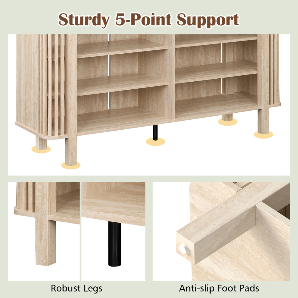 Sturdy 59-inch TV stand with adjustable shelves, faux wood grains, and robust legs for versatile living room use.