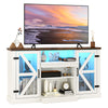 Media console table in white with adjustable shelves, LED lights, and storage for media devices, perfect for TVs up to.