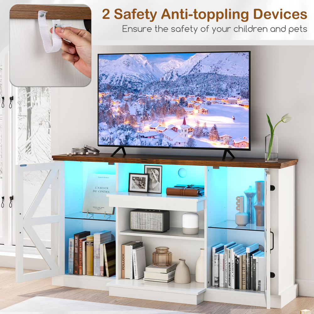 Media console table with LED lights, adjustable shelves, and dual anti-tipping devices for safety and stability.