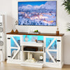 White 59-inch media console table with LED lights, adjustable shelves, and glass doors, perfect for organizing media.