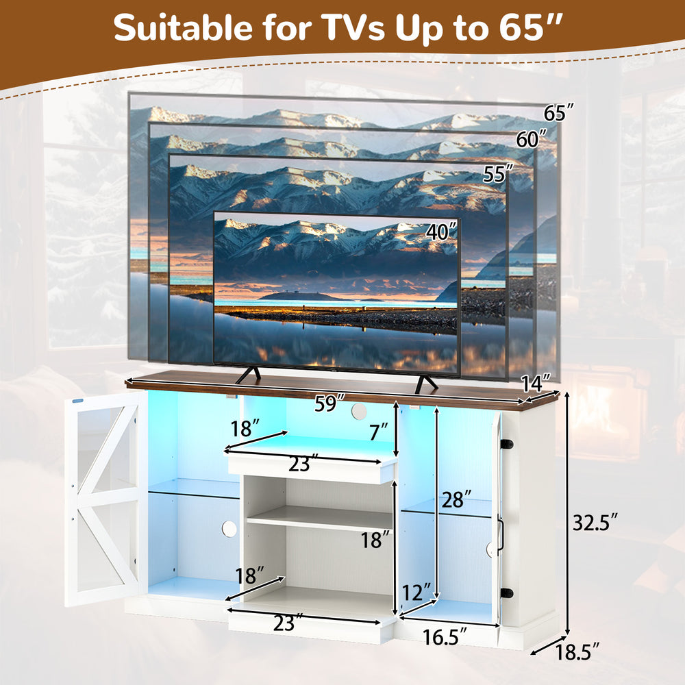 59-inch media console table with 3 adjustable shelves, suitable for TVs up to 65", featuring multi-color LED lights.
