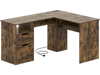 L-shaped executive desk with a rustic finish, featuring drawers, an open shelf, and built-in power outlets for workspace efficiency.
