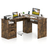 L-shaped 59" rustic executive desk featuring power outlets, drawers, and an open shelf for efficient workspace organization.