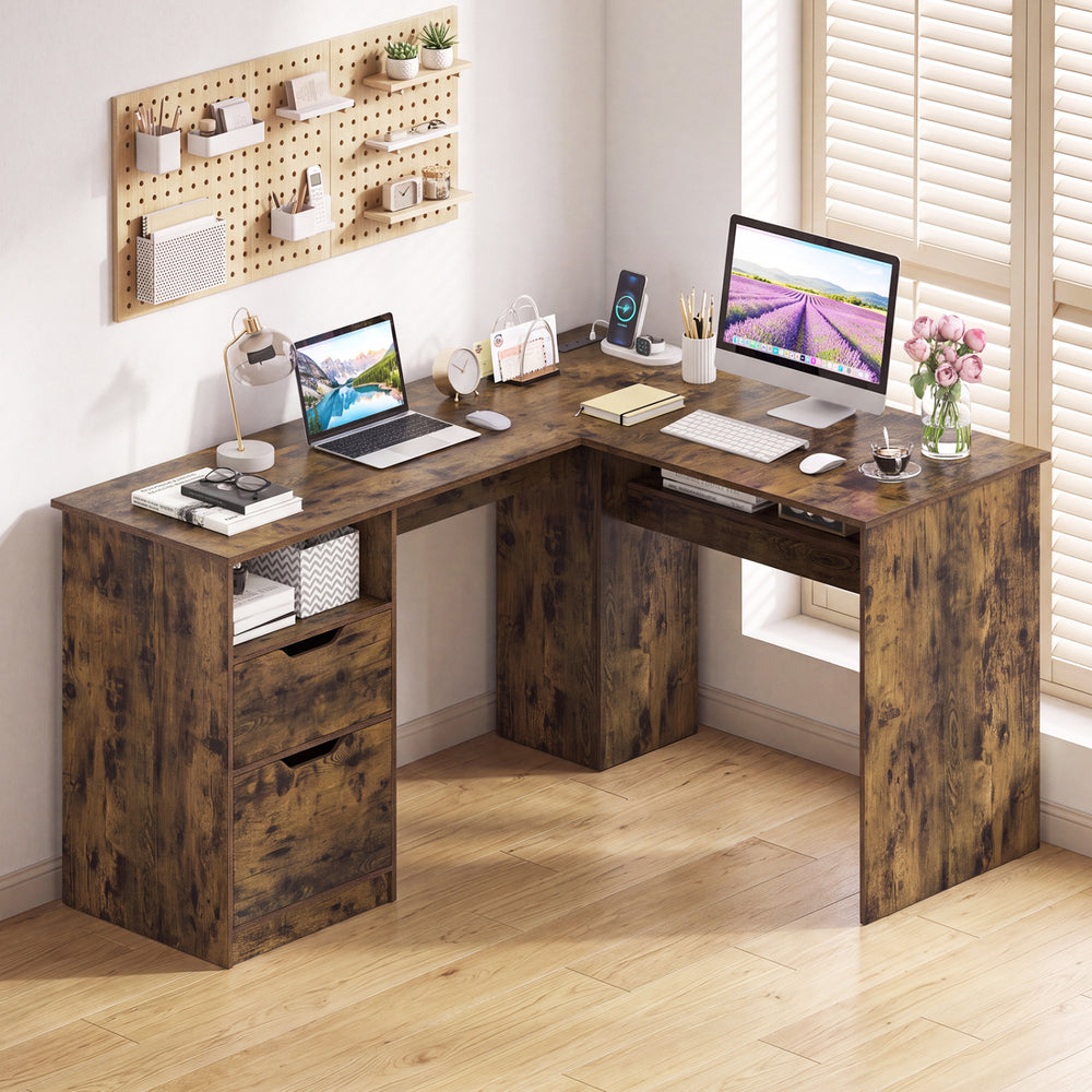 L-shaped executive desk featuring a rustic finish, built-in power outlets, two drawers, and an open shelf for efficient storage.