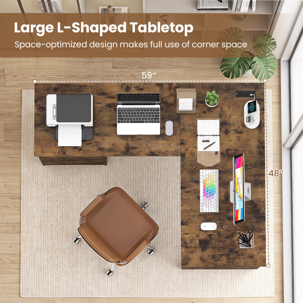 Large 59" L-shaped executive desk with rustic finish, featuring power outlets, drawers, and open shelf for efficient workspace.