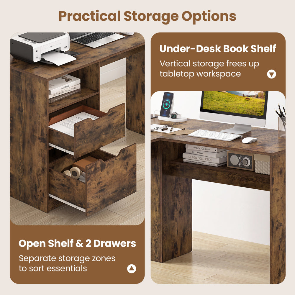 L-shaped executive desk features a rustic finish, open shelf, two drawers, and under-desk bookshelf for efficient storage.