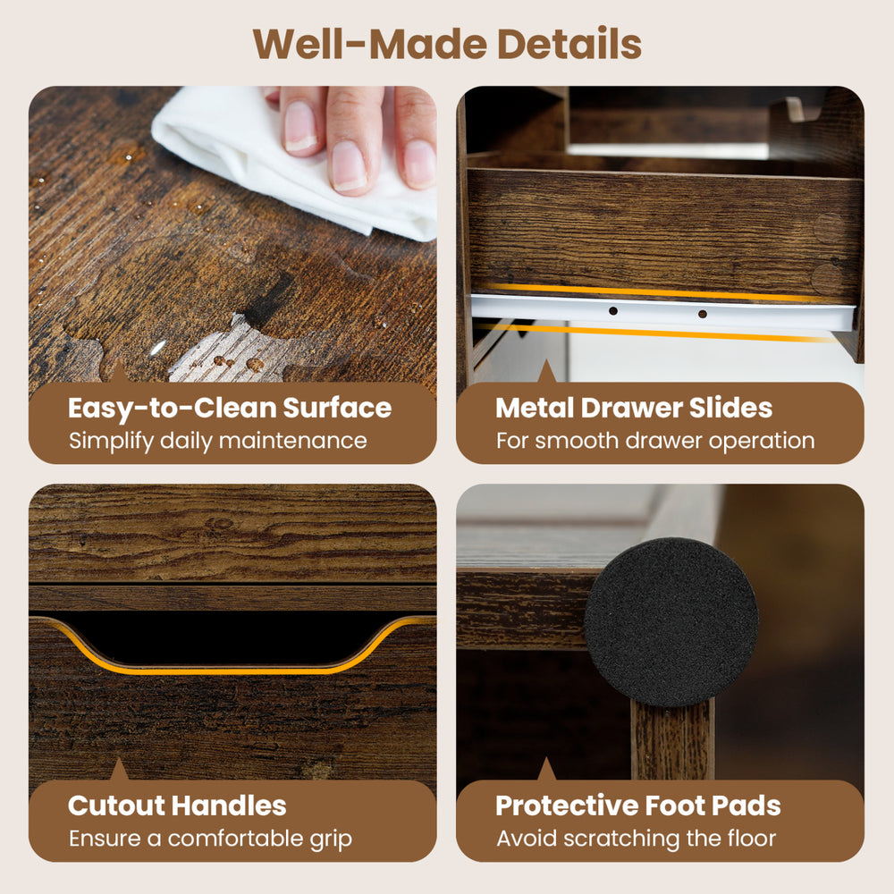L-shaped executive desk with a rustic finish features easy-to-clean surface, metal drawer slides, and protective foot pads.