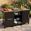 Outdoor grill table with stainless steel top, two removable shelves, and ample storage for grilling essentials.