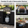 Outdoor grill table with stainless steel top, two removable shelves, and heavy-duty construction for versatile grilling.