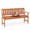 59" outdoor wood garden bench featuring a spacious backrest and ergonomic incline for extended comfort during outdoor relaxation.