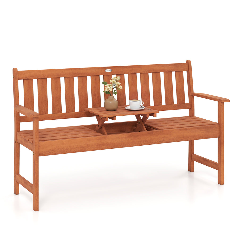 59" outdoor wood garden bench featuring a spacious backrest and ergonomic incline for extended comfort during outdoor relaxation.