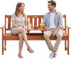 Outdoor wood garden bench with pull-out center table, ergonomic design, and durable construction for comfortable seating.