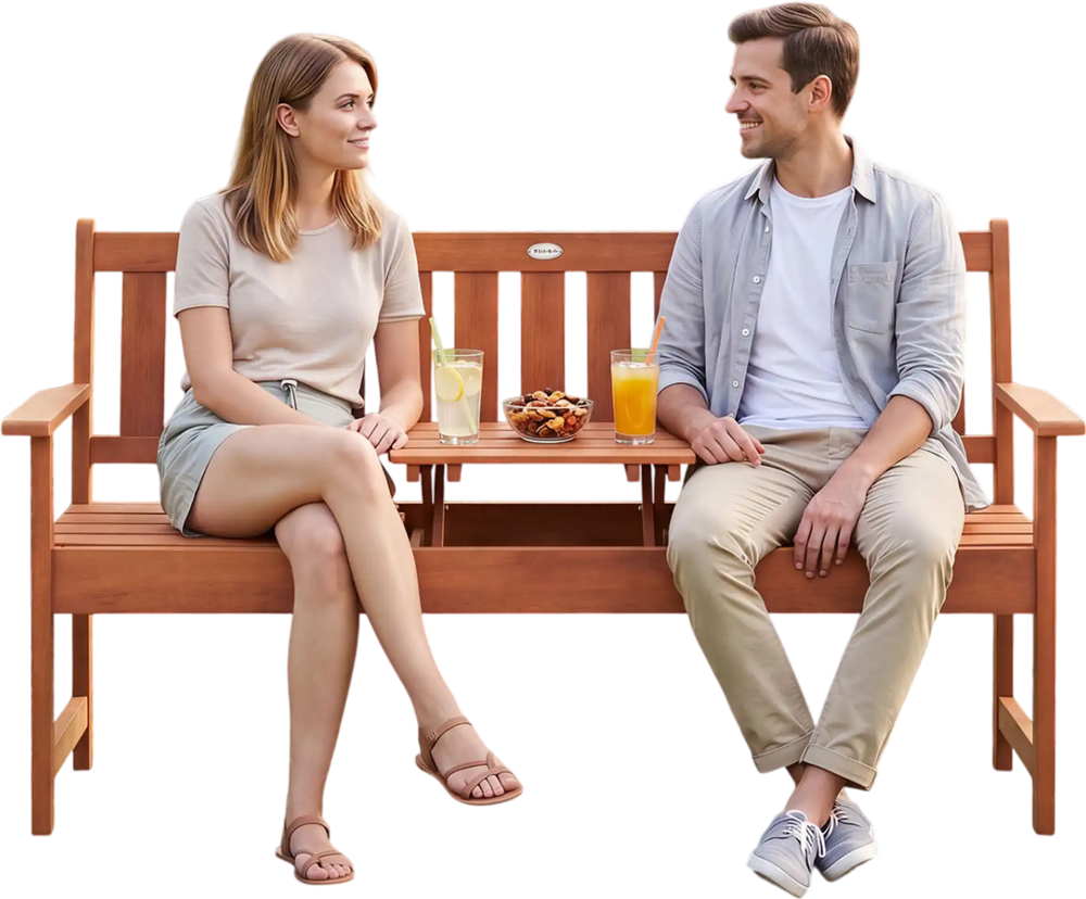 Outdoor wood garden bench with pull-out center table, ergonomic design, and durable construction for comfortable seating.