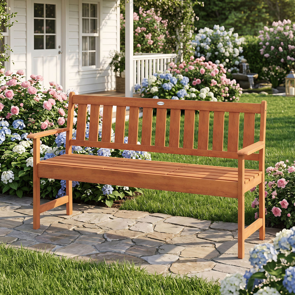 Outdoor wood garden bench with pull-out center table, crafted from durable wood for comfortable seating in gardens or patios.