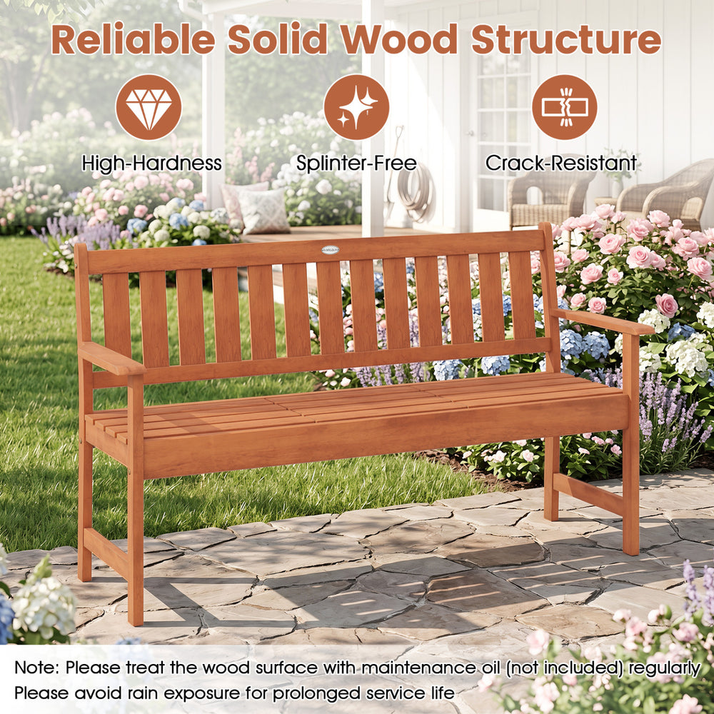Outdoor wood garden bench with pull-out center table, crafted from durable, splinter-free wood for comfortable seating.