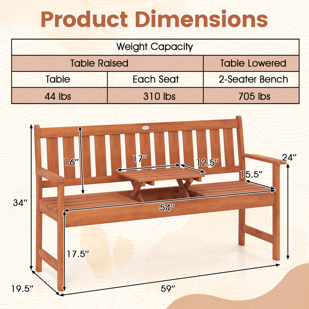 Outdoor wood garden bench with pull-out center table, ergonomic design, and slatted ventilation for comfortable seating.