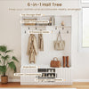 59" wide white hall tree featuring a shoe bench, multiple hooks, and adjustable shelves for organized storage.