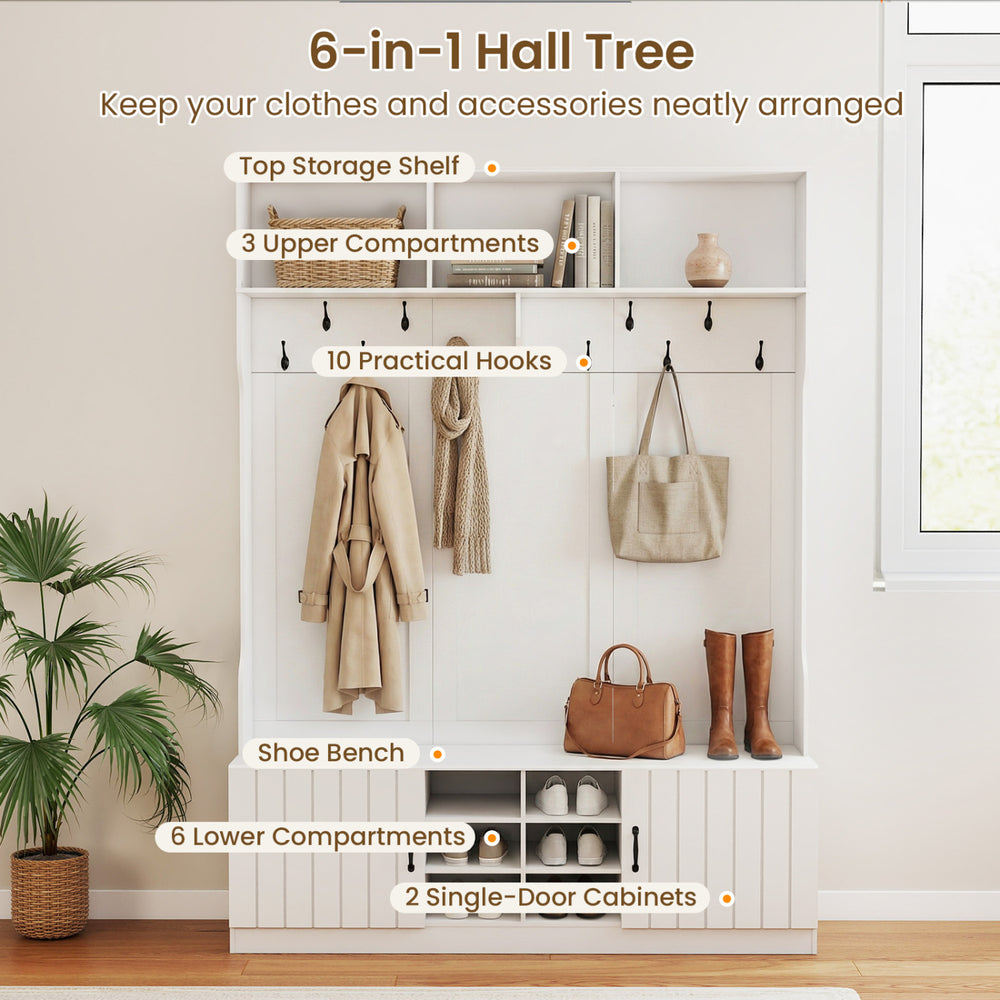 59" wide white hall tree featuring a shoe bench, multiple hooks, and adjustable shelves for organized storage.