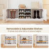 Hall tree with adjustable shelves and shoe storage, featuring a modern white finish, ideal for hallways and mudrooms.