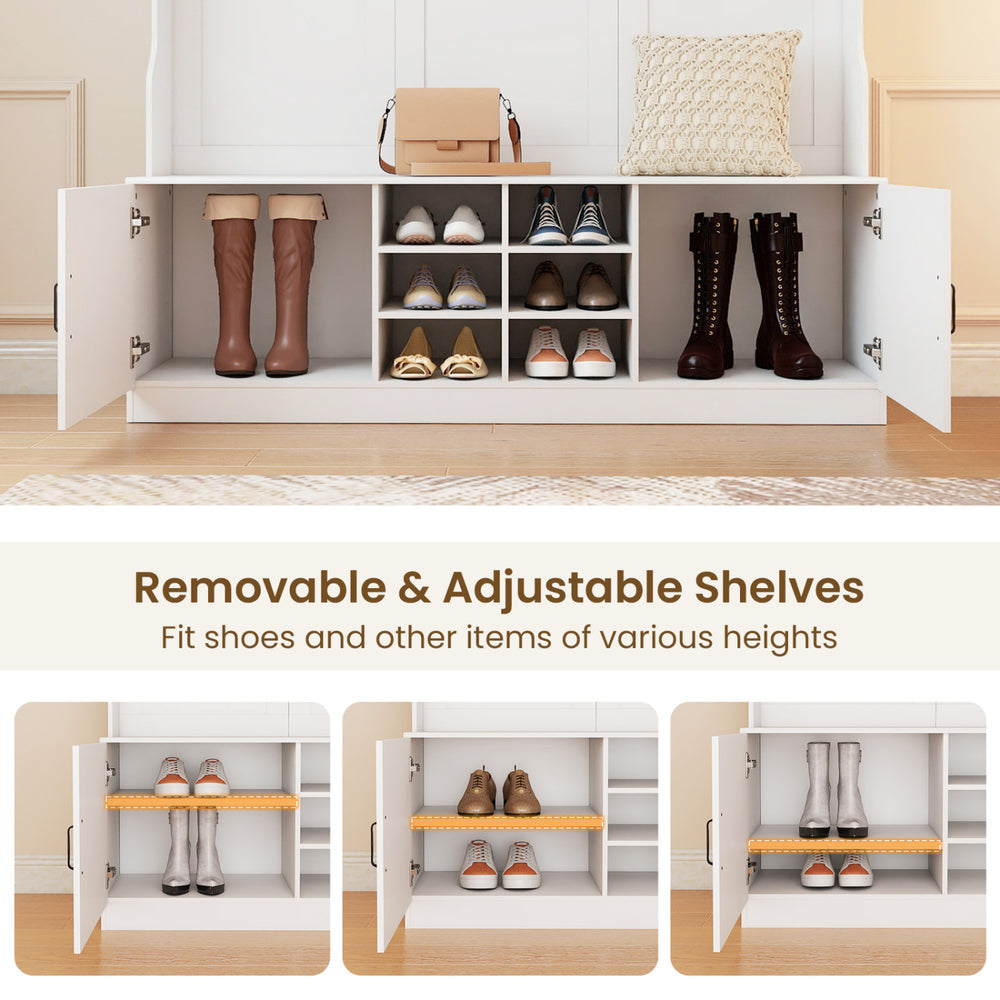 Hall tree with adjustable shelves and shoe storage, featuring a modern white finish, ideal for hallways and mudrooms.