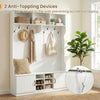 6-in-1 hall tree with bench and storage in white, featuring multiple hooks, cubbies, and anti-toppling devices for.