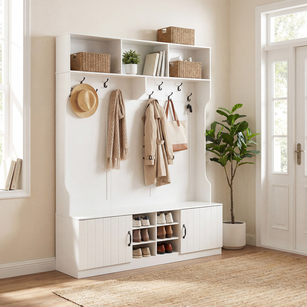 Hall tree with bench and storage in white, featuring hooks, cubbies, and adjustable shelves for organized entryway use.