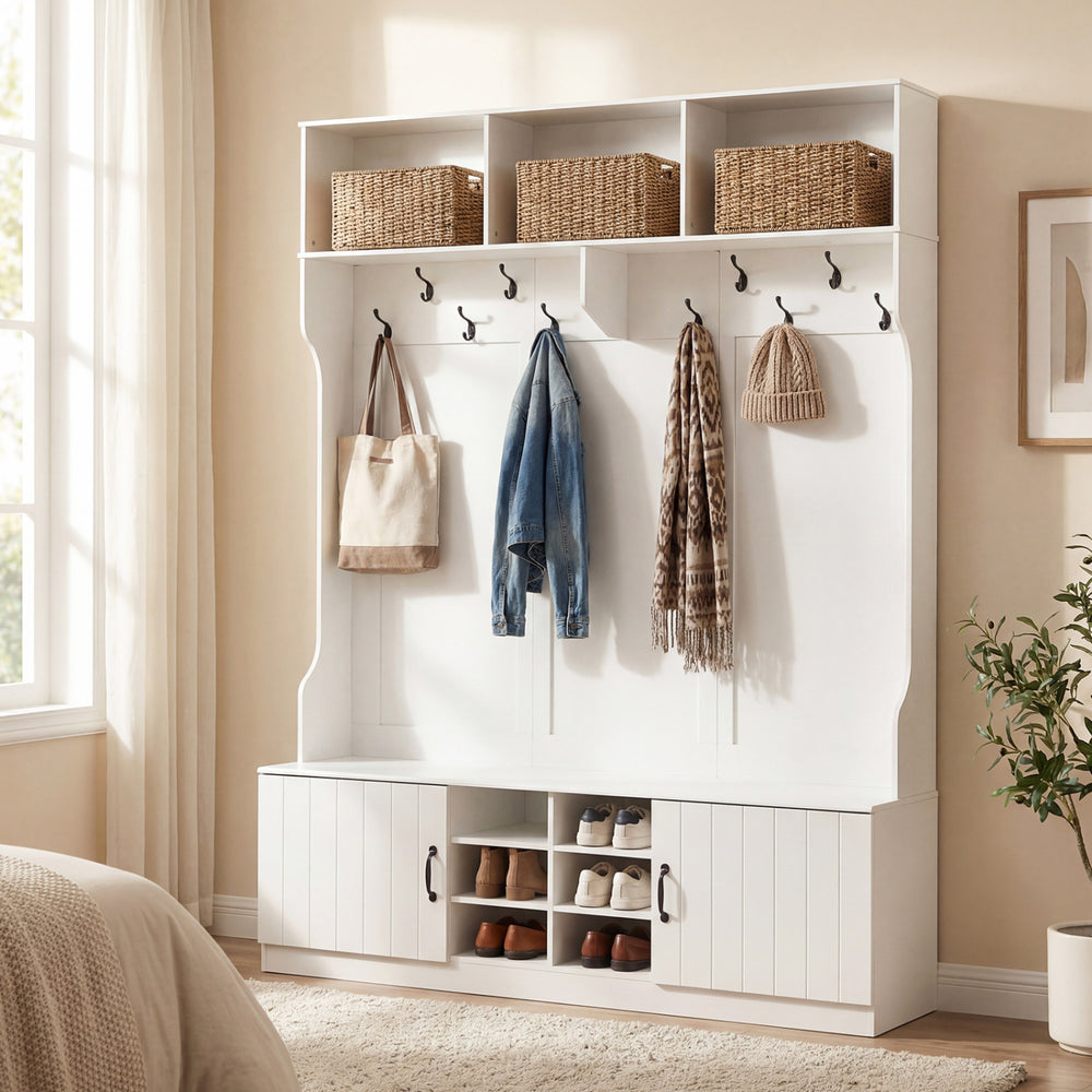 6-in-1 hall tree with bench and storage in white, featuring multiple hooks and adjustable shelves for organized.